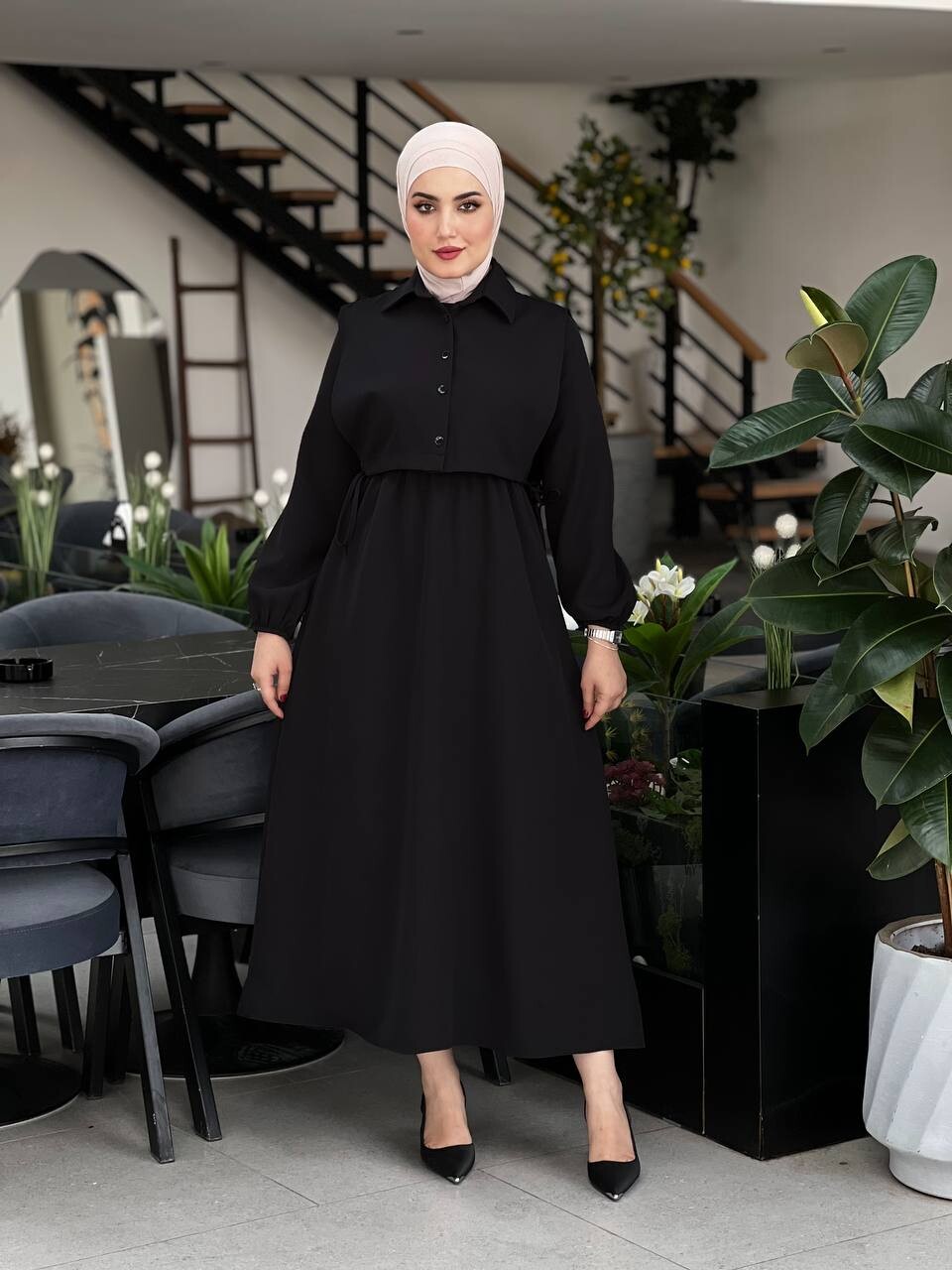 61473-69F-1 فستان لون - اسود - Thumbnail
