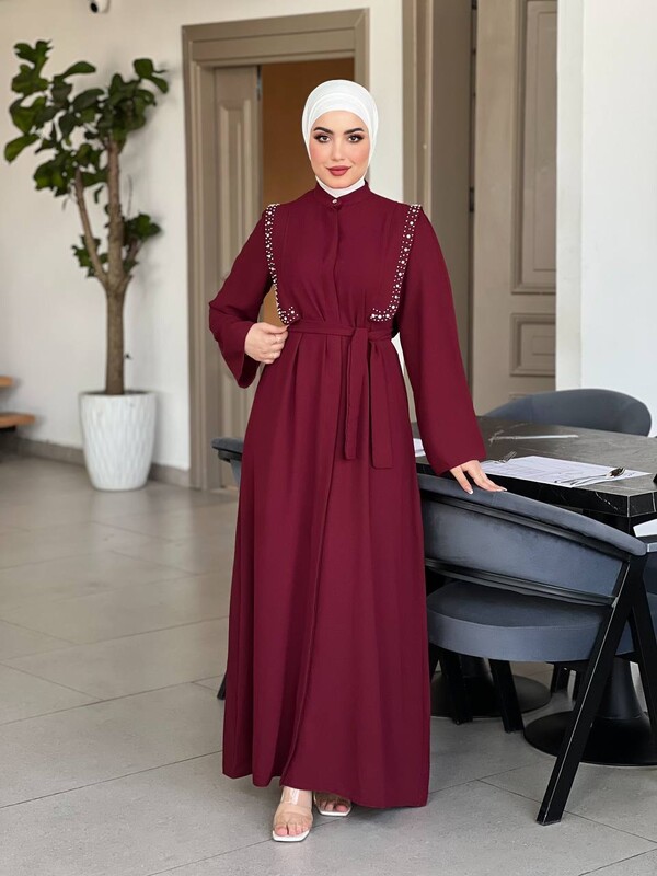 EFSUN MODA - 0855-31F-5 فستان لون - ماروني (1)