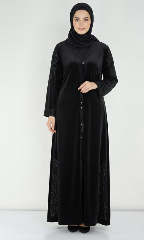 FOR YOU MODA - 1000-10B-1 عباية شامو اسود - ستراس اسود