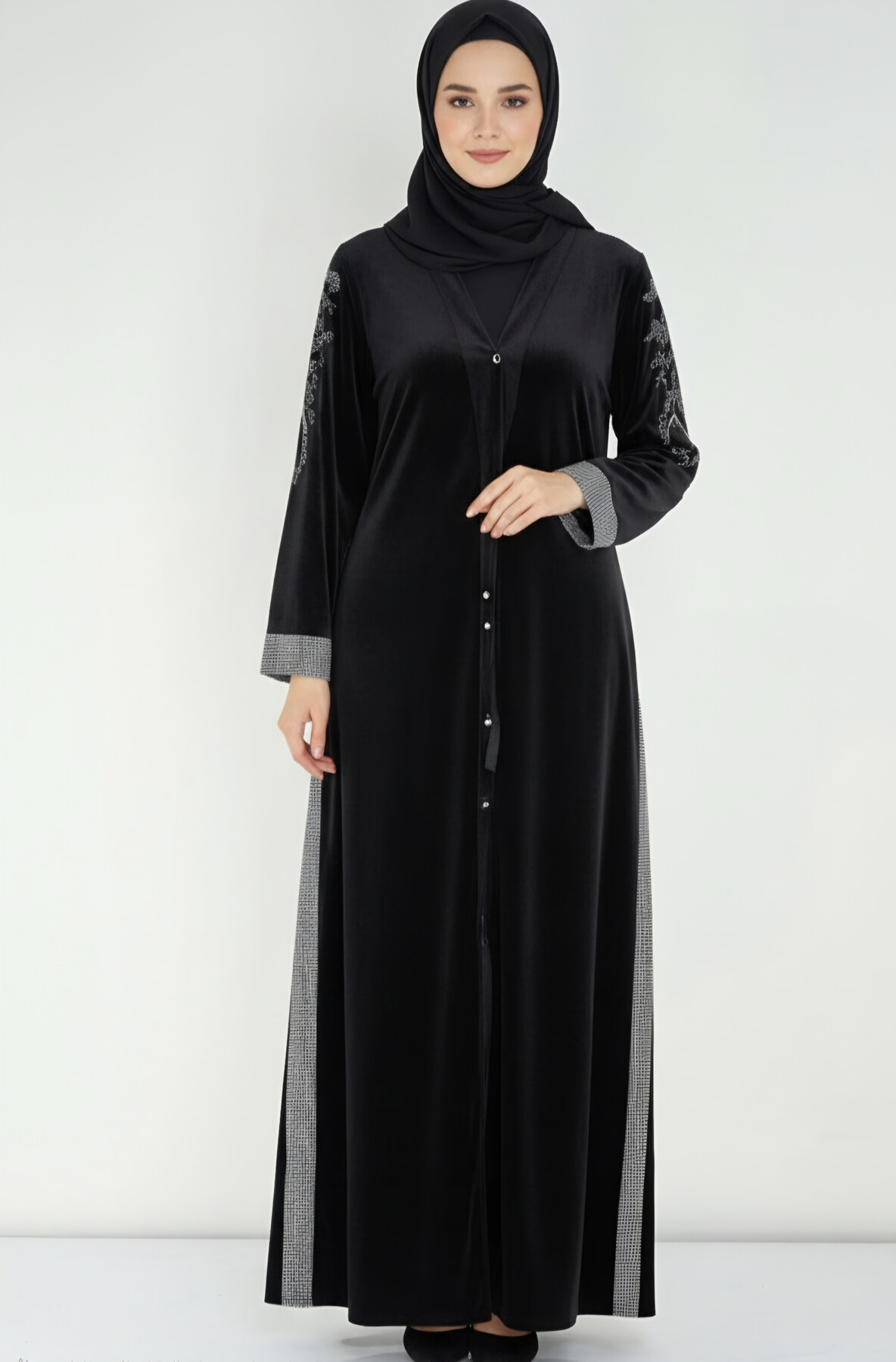 FOR YOU MODA - 1000-10B-2 عباية شامو اسود - ستراس ملون