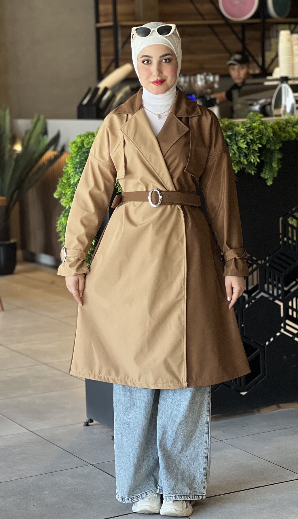 FOR YOU MODA - 10016-5-V-5 ترانش كوت مطري لونين مع حزام- جوز بيج 