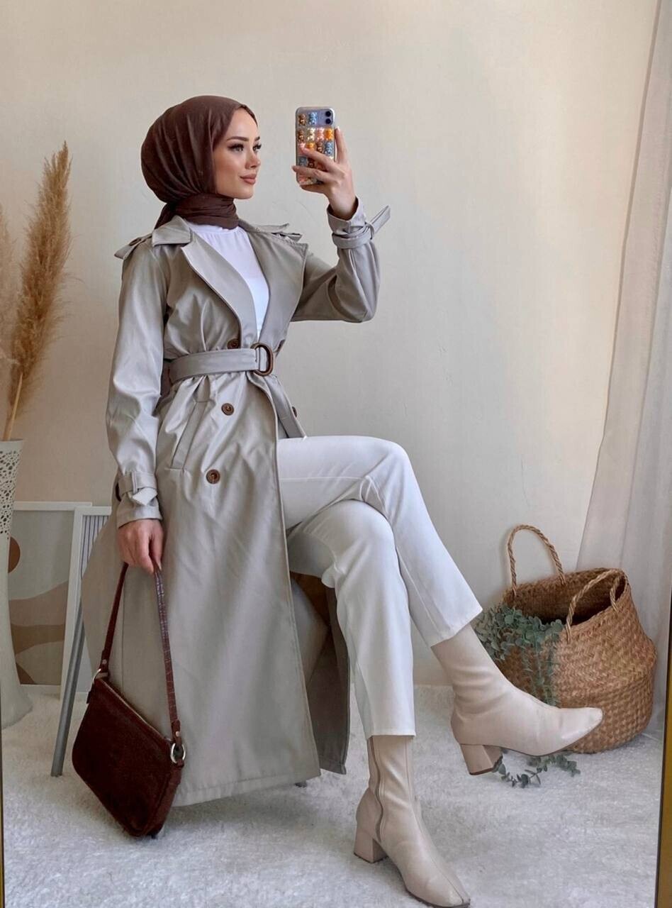 10034-41T-7 ترانشكوت مطري سادة مع حزام - بيج طوخ - Thumbnail