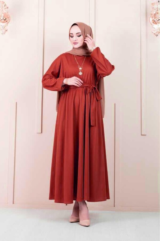 modapr - 10528-43M-12 فستان سادة مع حزام - قرميدي (1)