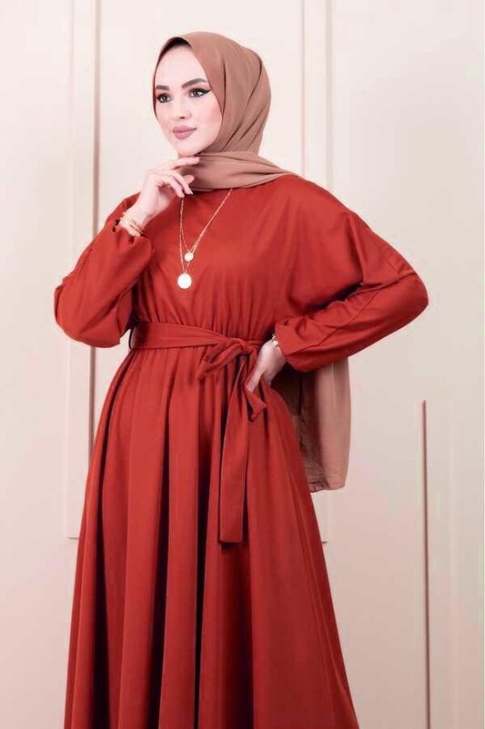modapr - 10528-43M-12 فستان سادة مع حزام - قرميدي