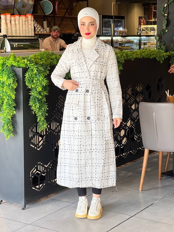 FOR YOU MODA - 10589-24T-3 كوت كاروهات مع حزام- ابيض 