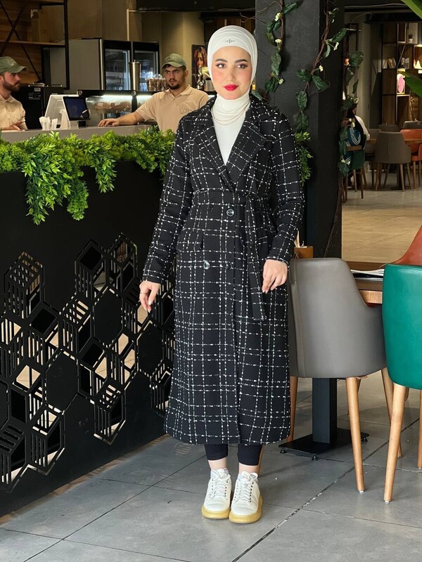 FOR YOU MODA - 10589-24T-1 كوت كاروهات مع حزام - اسود