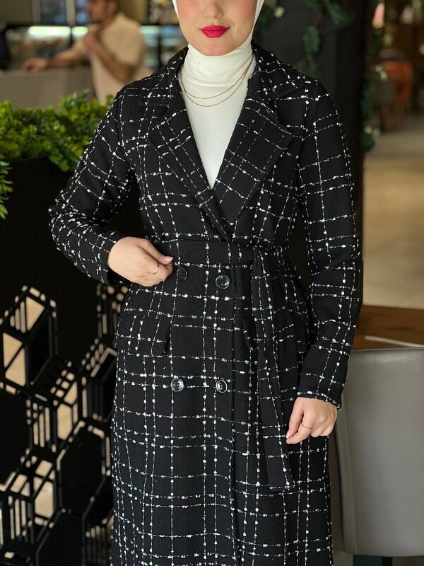 FOR YOU MODA - 10589-24T-1 كوت كاروهات مع حزام - اسود (1)