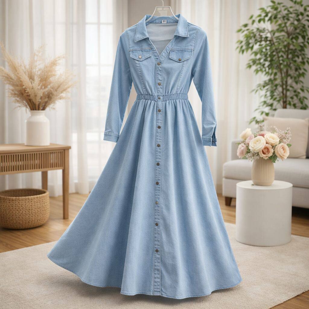 FOR YOU MODA - 1183-17O-فستان -جينز فاتح 