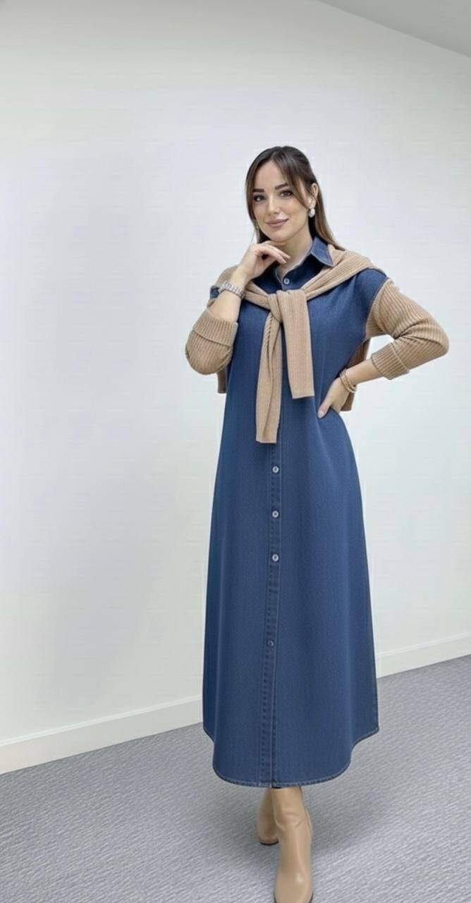 FOR YOU MODA - 1193-26M-فستان -جينز غامق 