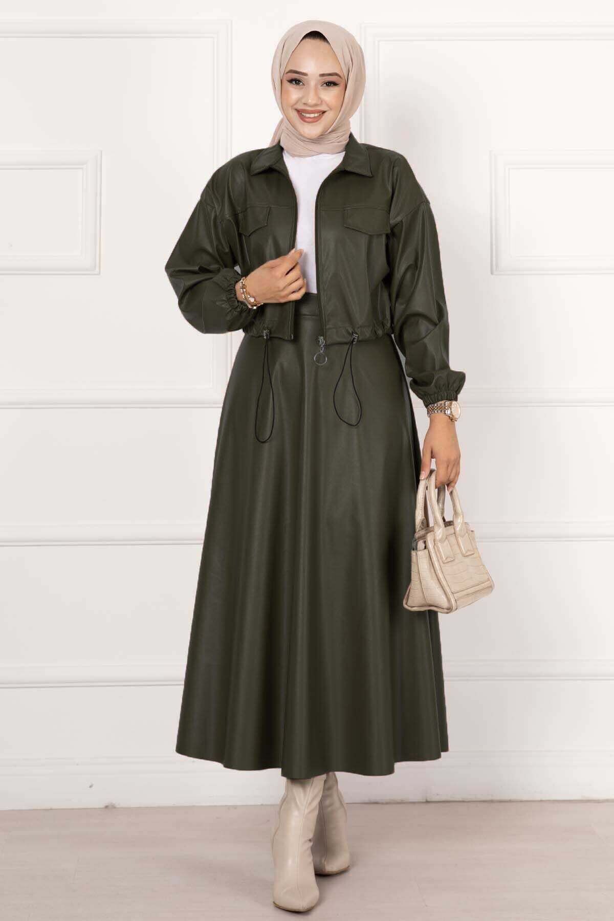 FOR YOU MODA - 120766-25G-3سوت جلد- خاكي 