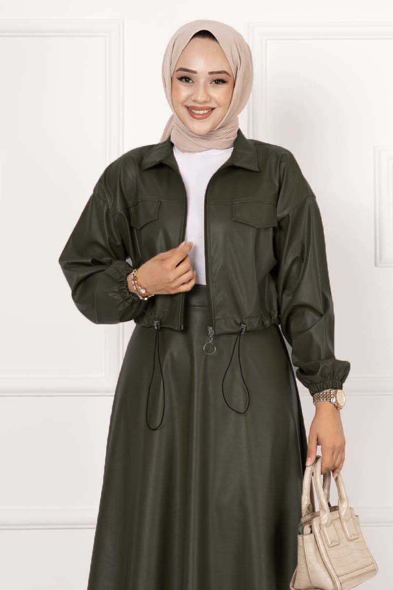 FOR YOU MODA - 120766-25G-3سوت جلد- خاكي (1)