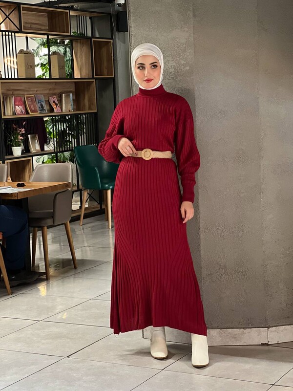 SB - 12550-5-37T فستان ماروني مع حزام (1)