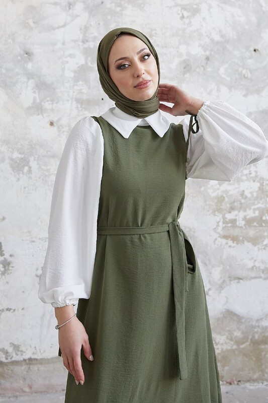 FOR YOU MODA - 1441-29B-2 فستان مع حزام - خاكي (1)