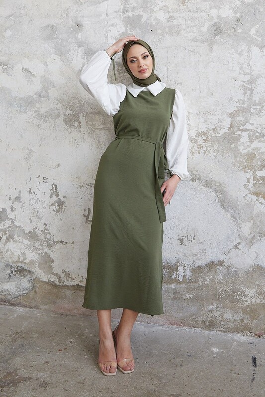 FOR YOU MODA - 1441-29B-2 فستان مع حزام - خاكي