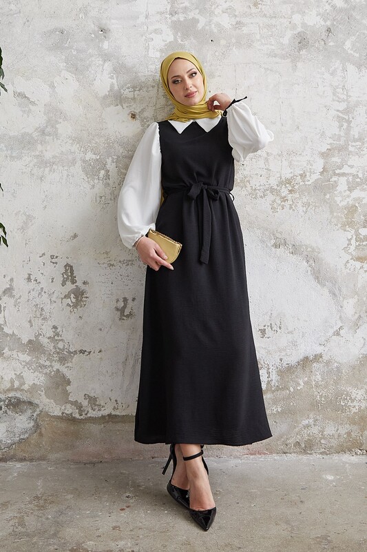 FOR YOU MODA - 1441-29B-1 فستان مع حزام - اسود (1)