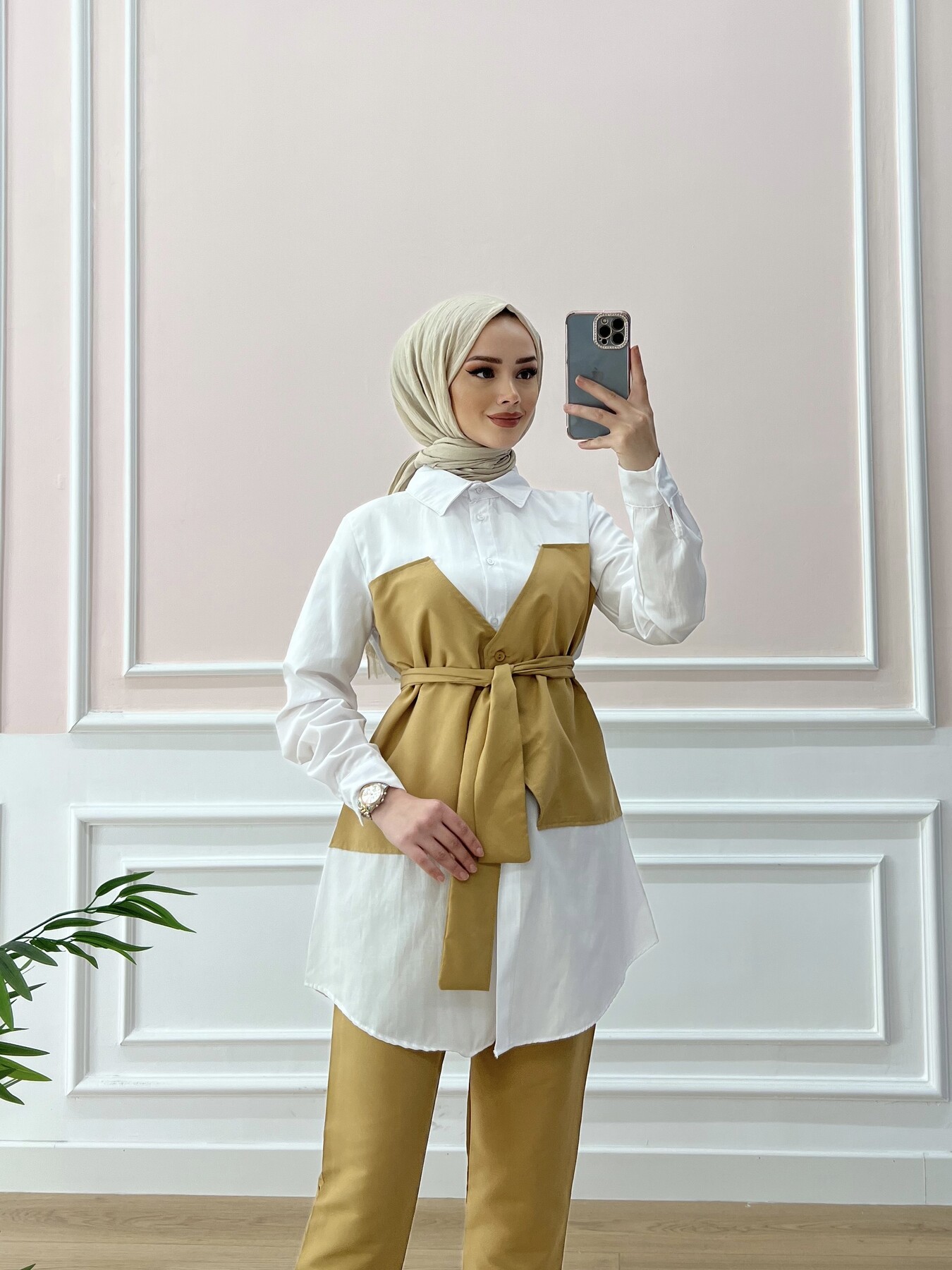 1547-18I-3 طقم قطعتين - بيج - Thumbnail