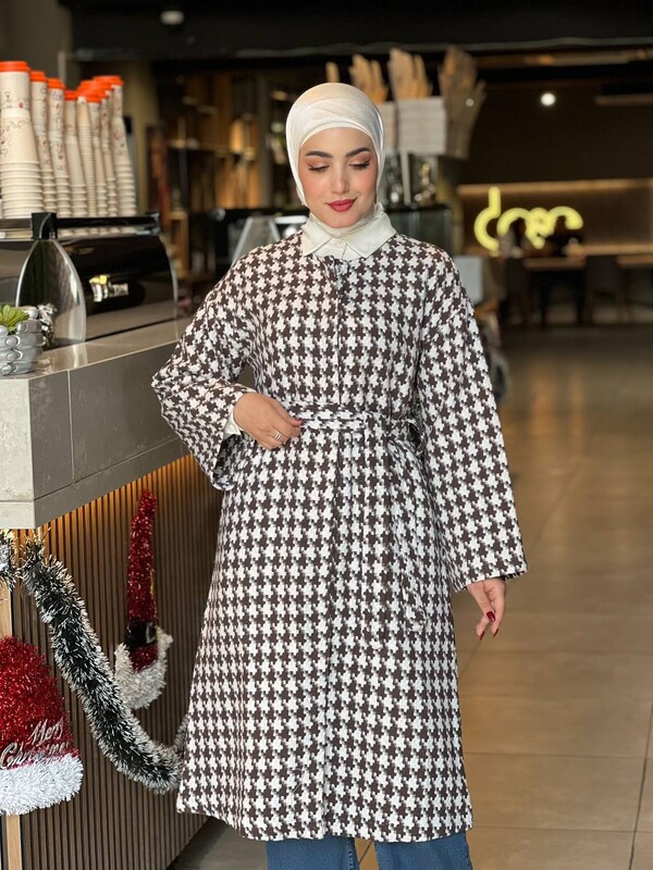 FOR YOU MODA - 1633-9T-3 كاب كاروهات طويل مع حزام - جوزي 