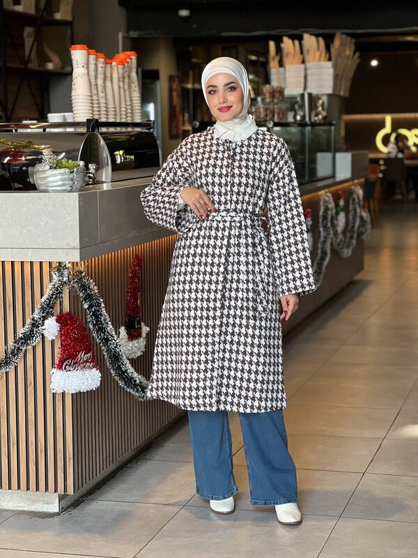 FOR YOU MODA - 1633-9T-3 كاب كاروهات طويل مع حزام - جوزي (1)