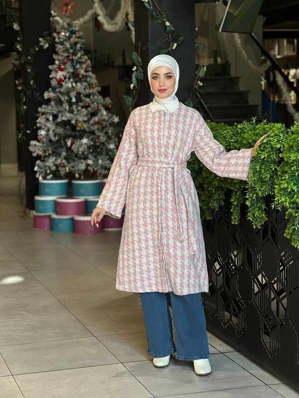 FOR YOU MODA - 1633-9T-2 كاب كاروهات طويل مع حزام - وردي 