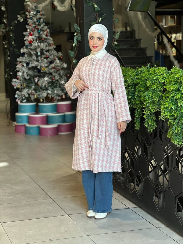 FOR YOU MODA - 1633-9T-2 كاب كاروهات طويل مع حزام - وردي (1)