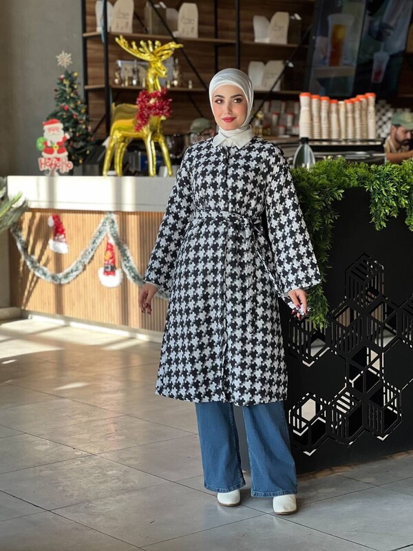 FOR YOU MODA - 1633-9T-1 كاب كاروهات طويل مع حزام - اسود