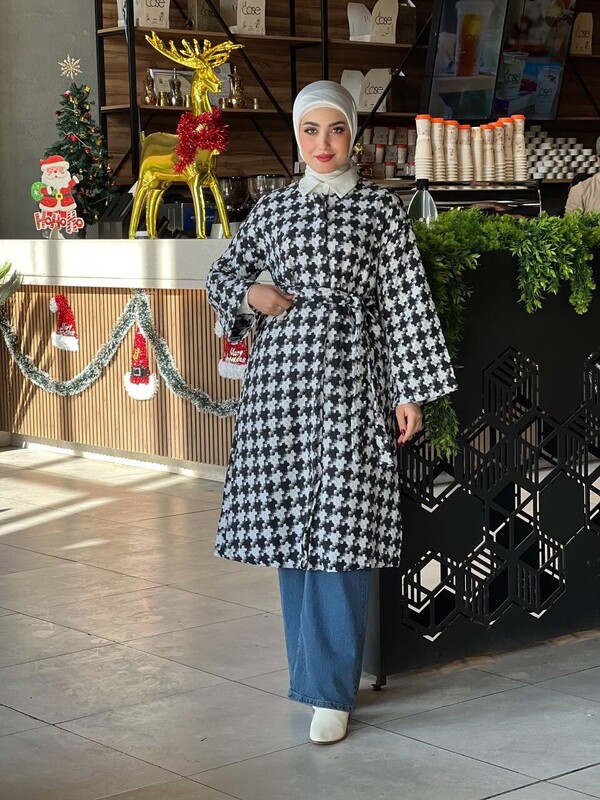 FOR YOU MODA - 1633-9T-1 كاب كاروهات طويل مع حزام - اسود (1)