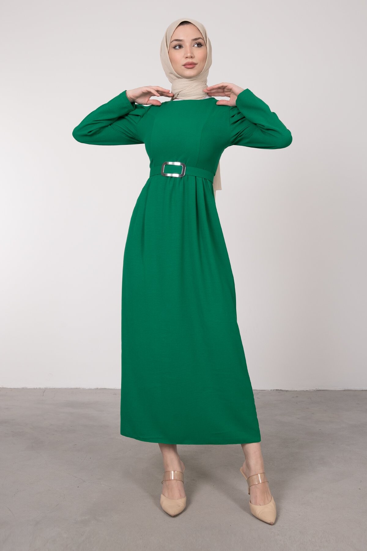 1937-65V-4 فستان مع حزام - اخضر - Thumbnail