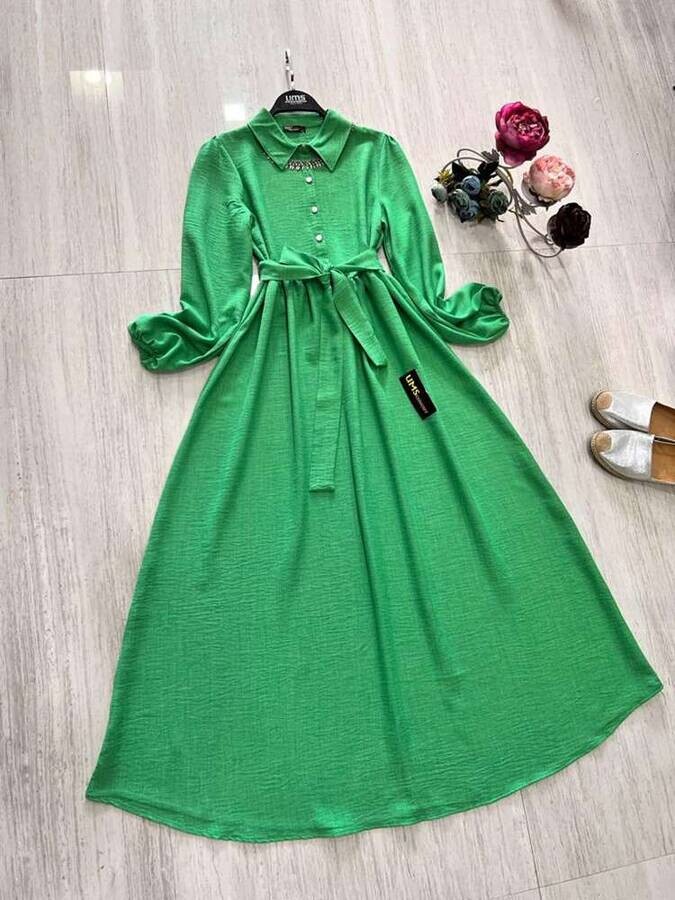 UMS - 1978-27I-3 فستان مع حزام - اخضر