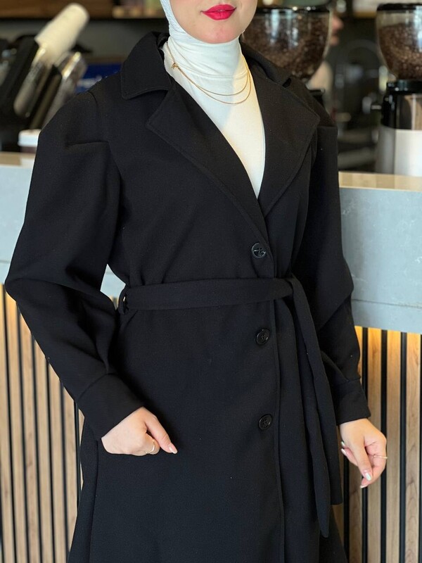 FOR YOU MODA - 20331-25X-1 كوت سادة مع حزام - اسود (1)