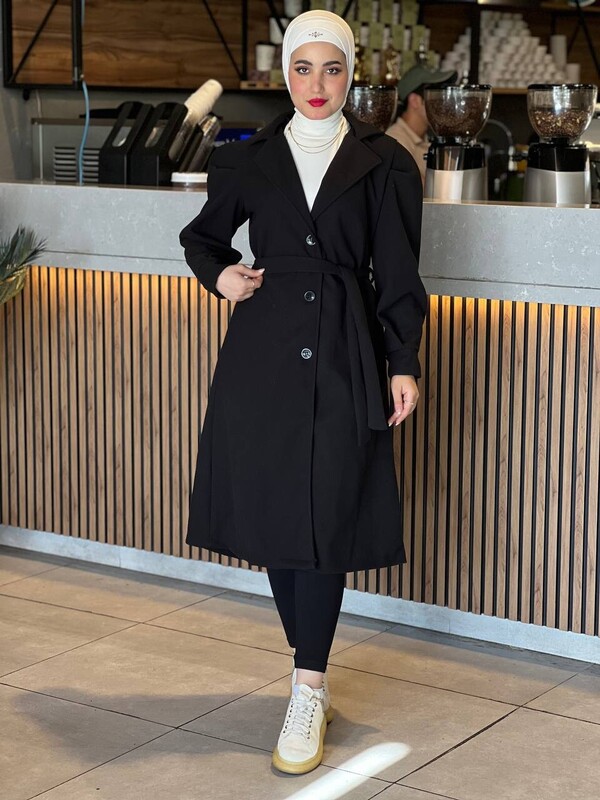 FOR YOU MODA - 20331-25X-1 كوت سادة مع حزام - اسود