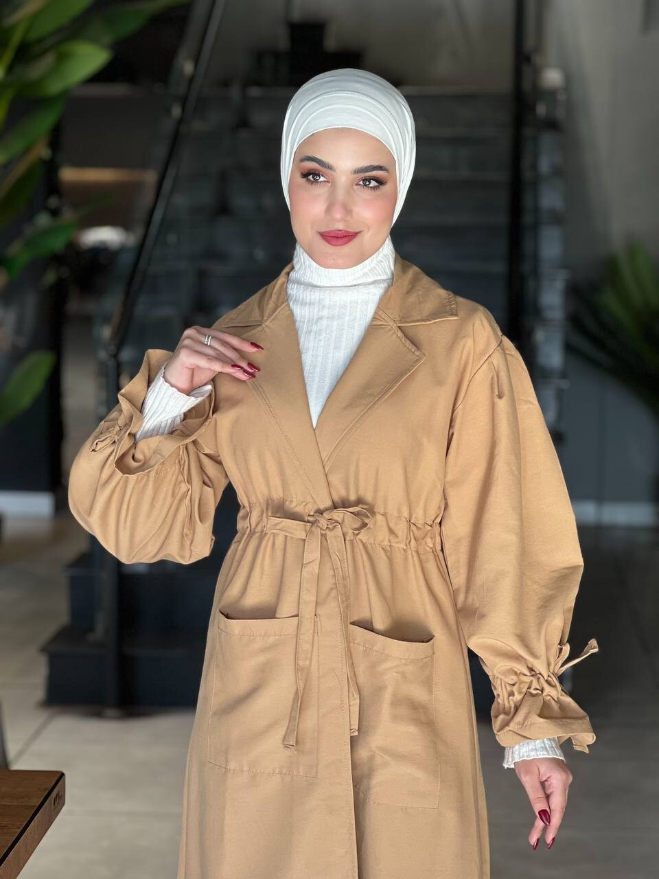 2096-1X-2 ترانش كوت سادة مع حزام - بيج - Thumbnail