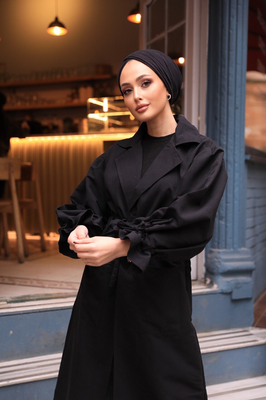2096-1X-1 ترانش كوت سادة مع حزام - اسود - Thumbnail