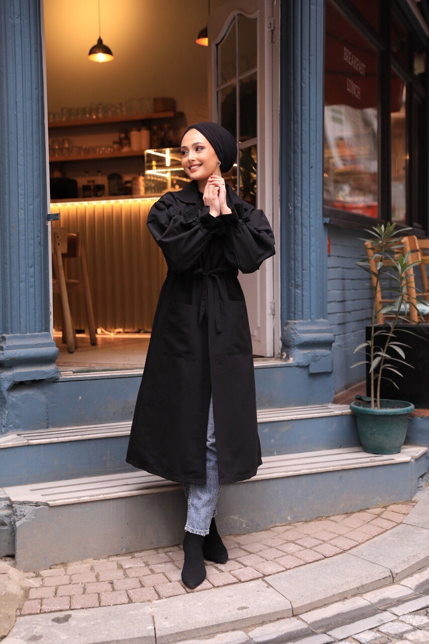 2096-1X-1 ترانش كوت سادة مع حزام - اسود - Thumbnail