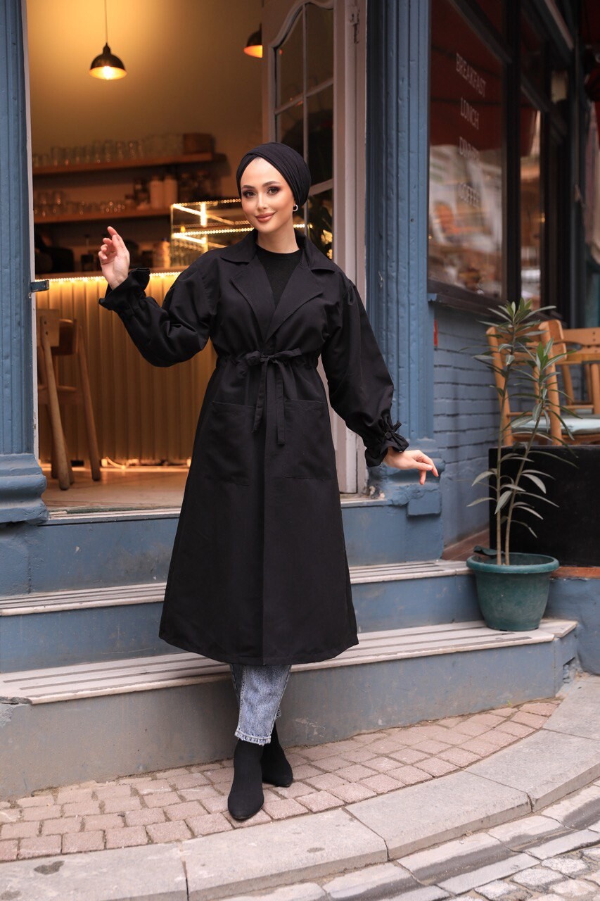 2096-1X-1 ترانش كوت سادة مع حزام - اسود - Thumbnail