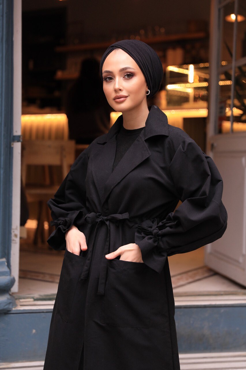 FOR YOU MODA - 2096-1X-1 ترانش كوت سادة مع حزام - اسود (1)