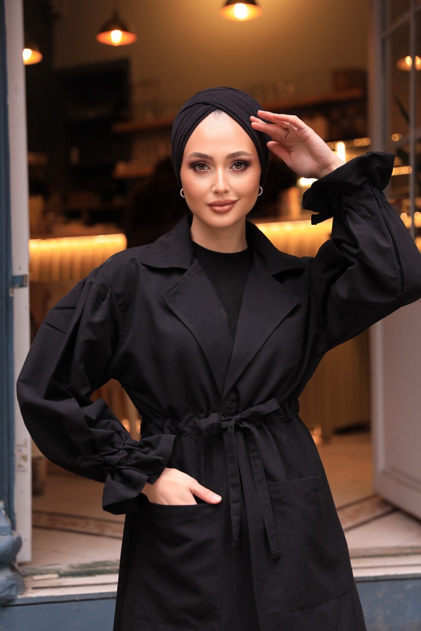 2096-1X-1 ترانش كوت سادة مع حزام - اسود - Thumbnail