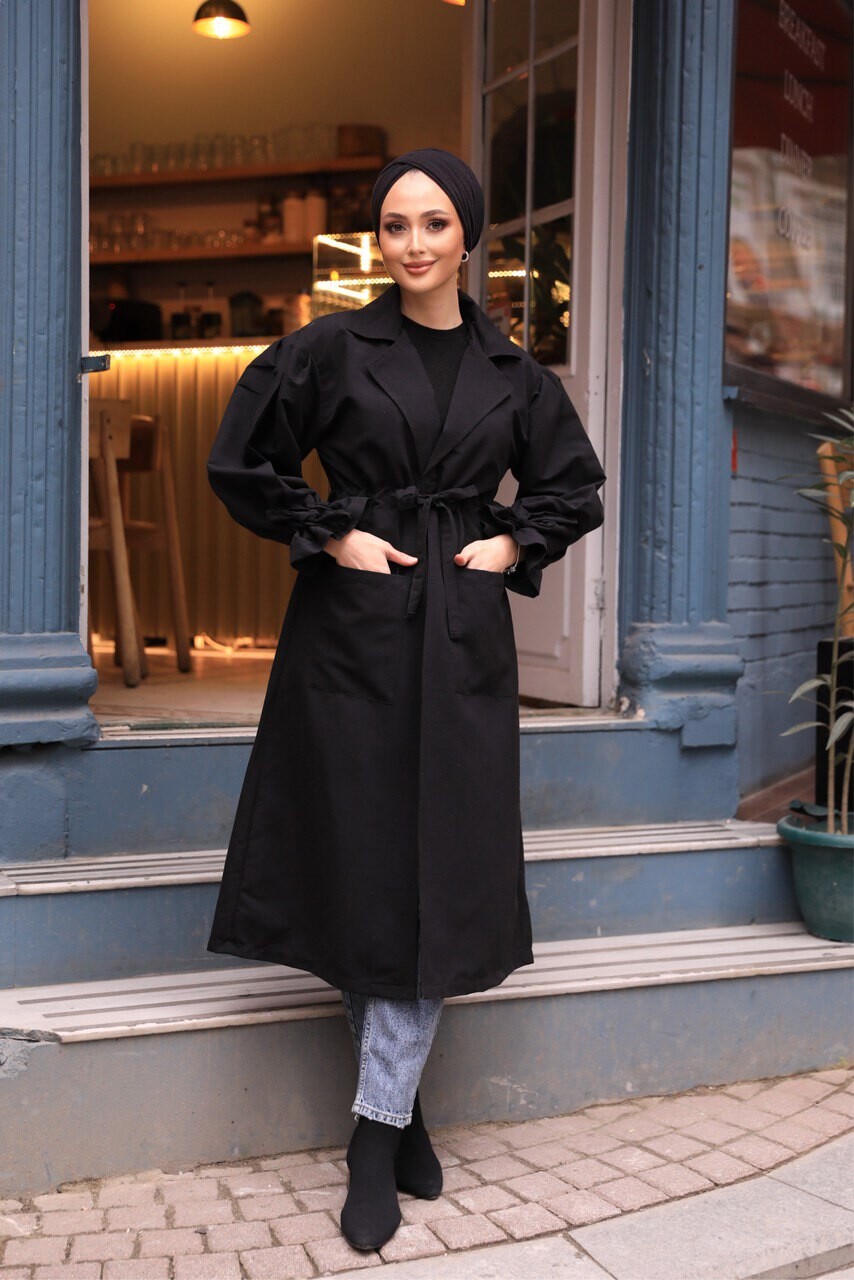 FOR YOU MODA - 2096-1X-1 ترانش كوت سادة مع حزام - اسود