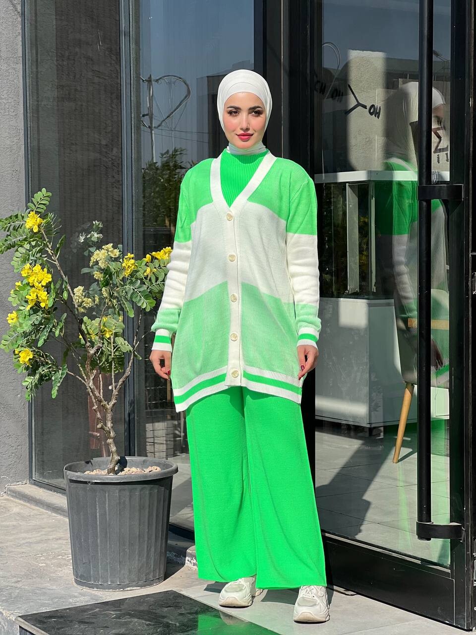 TC - 2223-1R-11 طقم ثلاث قطع تريكو ملون - اخضر (1)