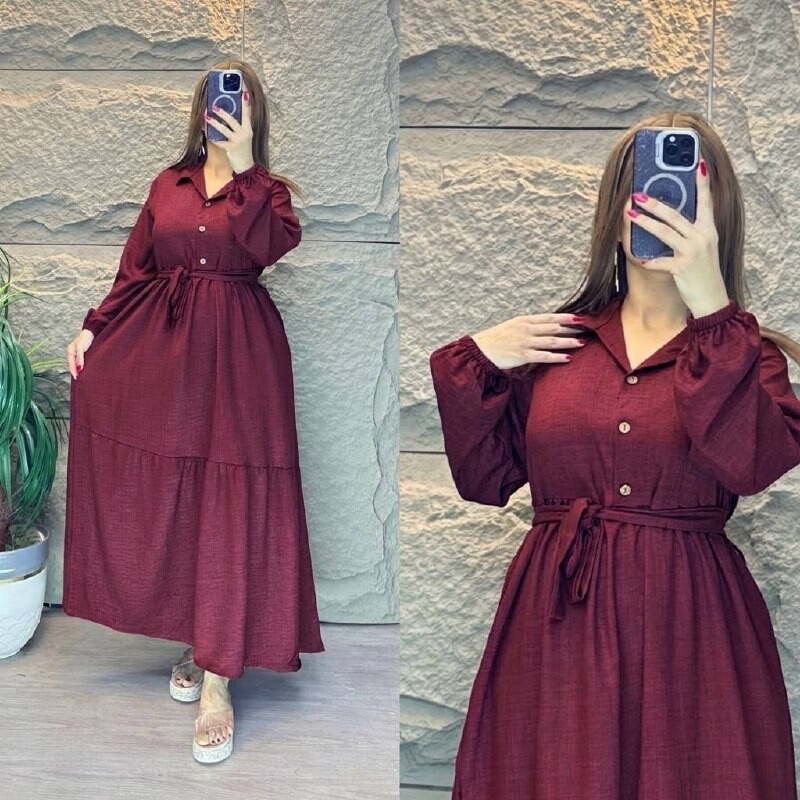 FOR YOU MODA - 2327-46L-3 فستان ساده -ماروني