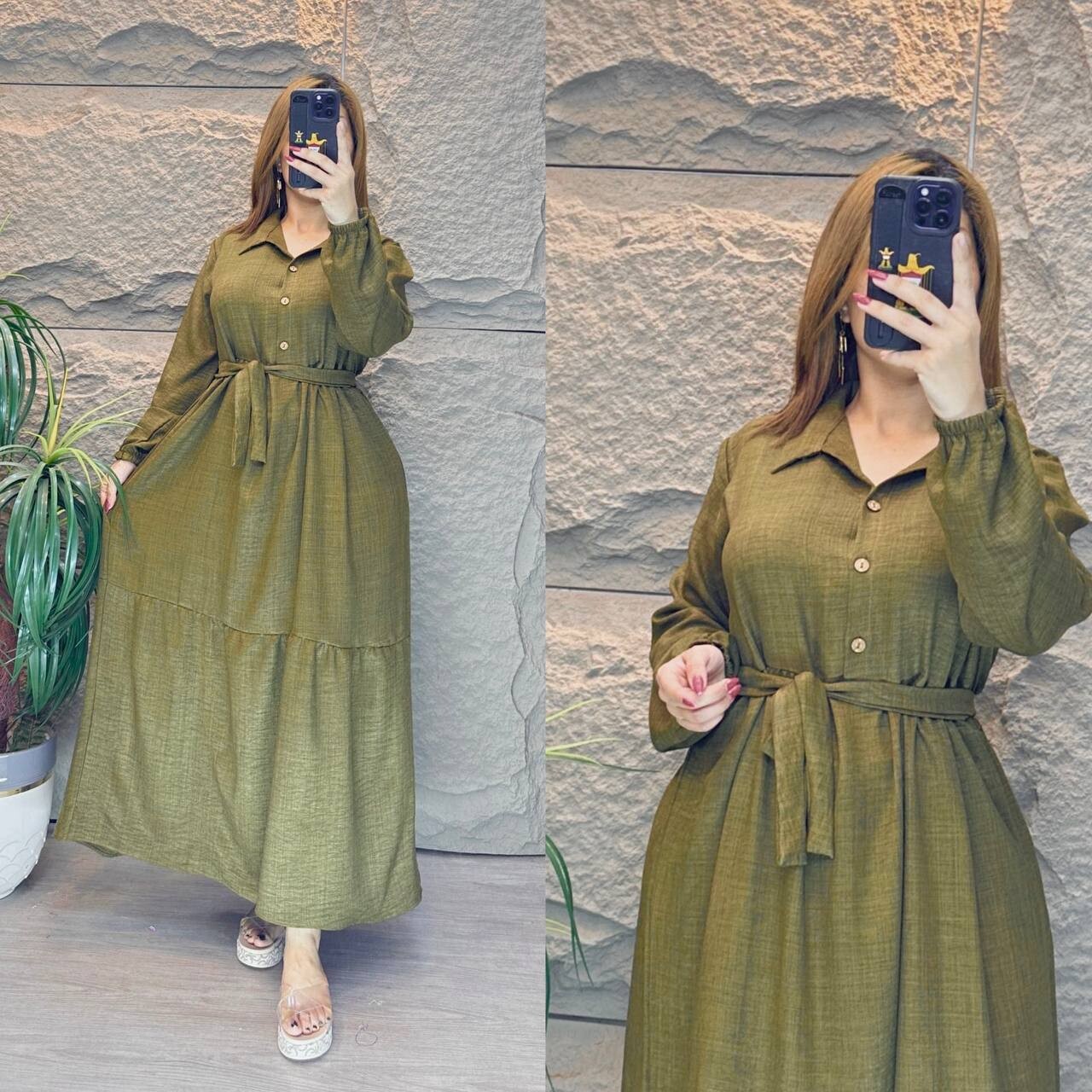 FOR YOU MODA - 2327-46L-2 فستان ساده -خاكي