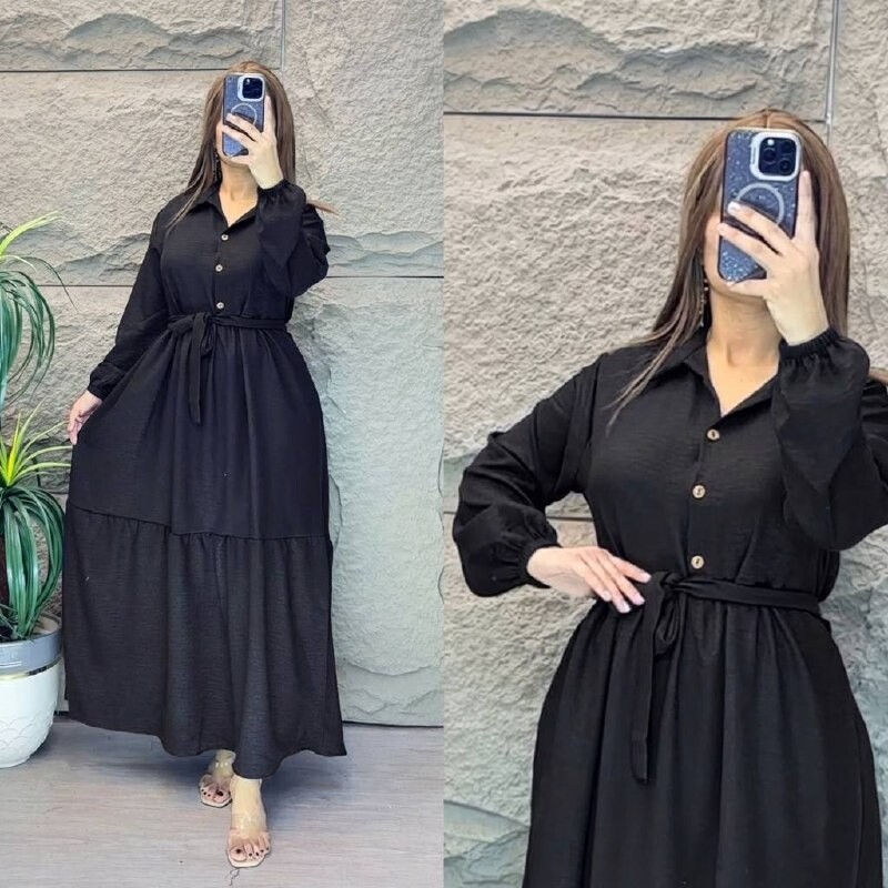 FOR YOU MODA - 2327-46L-1 فستان سادة - اسود 