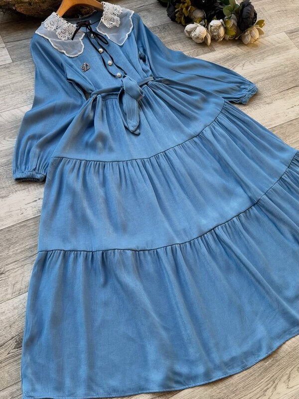 FOR YOU MODA - 23847-41F-فستان دانتيل -ازرق فاتح 2