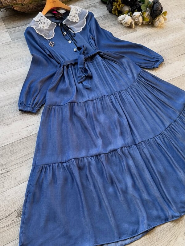 FOR YOU MODA - 23847-41F-3 فستان دانتيل - ازرق غامق