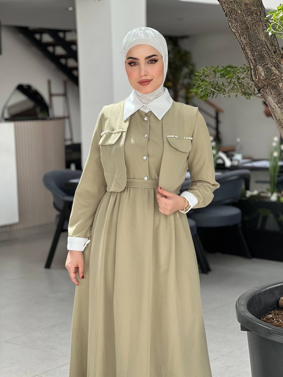 2522-33G-3 فستان لون - خاكي - Thumbnail