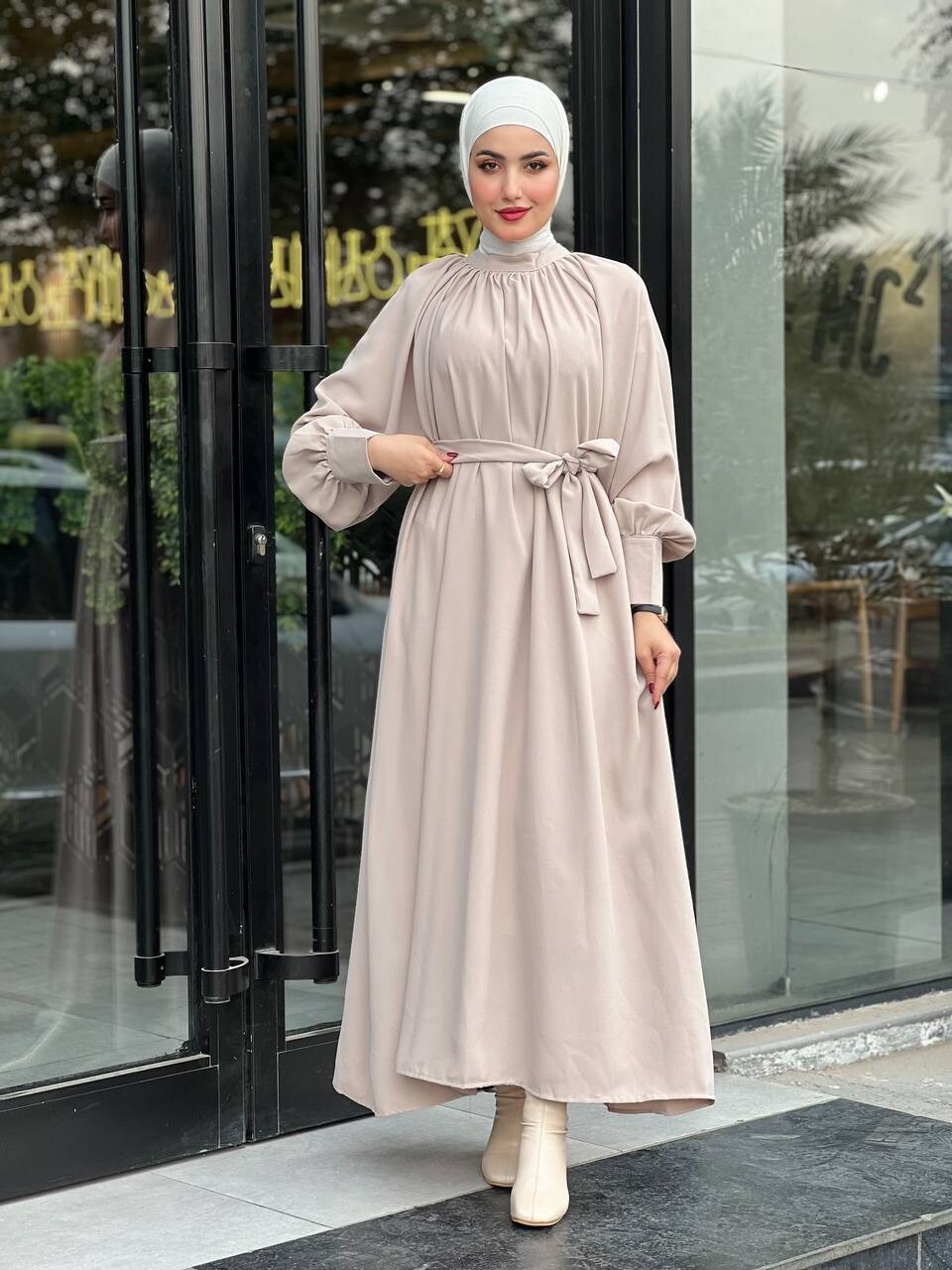 2587-PX1-2 فستان مع حزام - بيج - Thumbnail