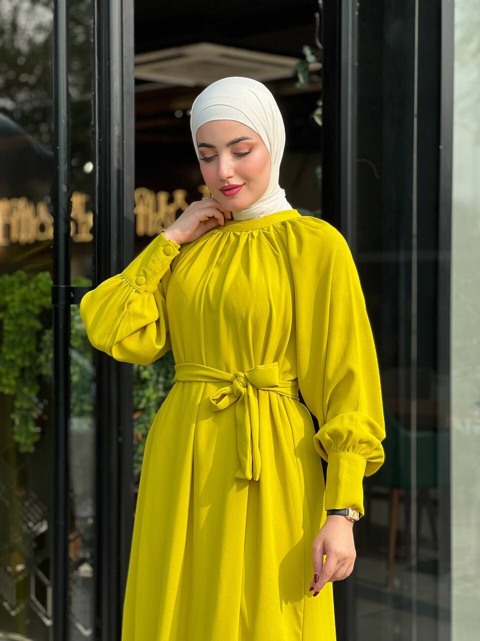 2587-PX1-5 فستان مع حزام - خردلي - Thumbnail