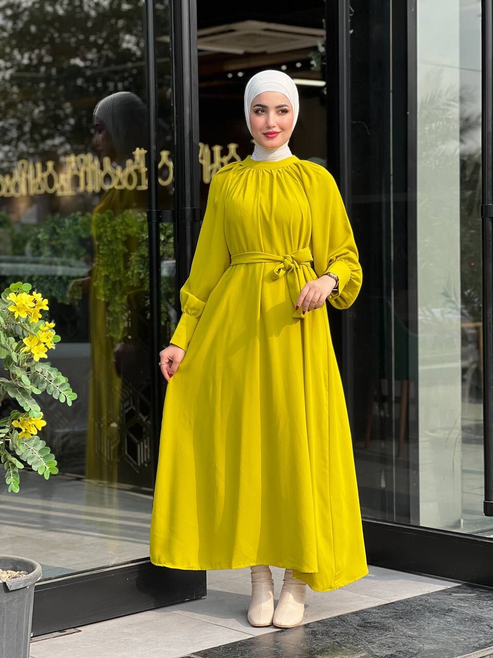 2587-PX1-5 فستان مع حزام - خردلي - Thumbnail