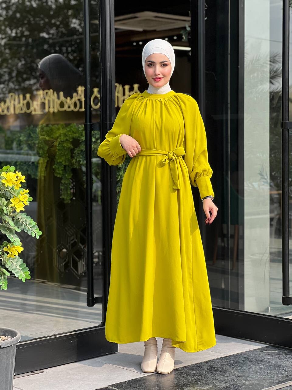 2587-PX1-5 فستان مع حزام - خردلي - Thumbnail