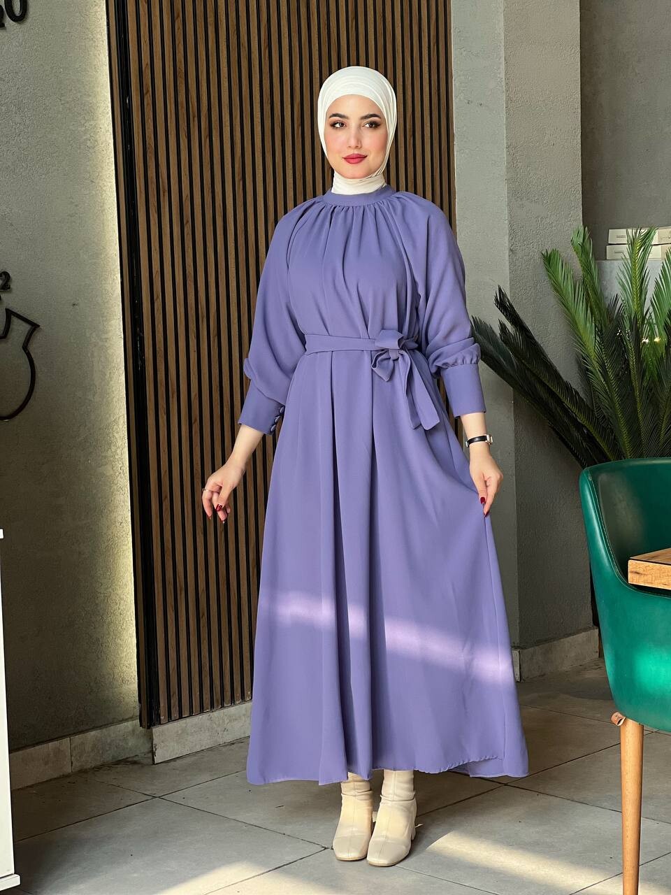 2587-PX1-4 فستان مع حزام - بنفسجي - Thumbnail