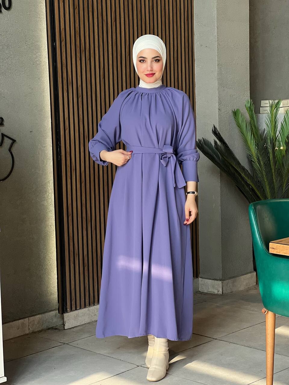 2587-PX1-4 فستان مع حزام - بنفسجي - Thumbnail